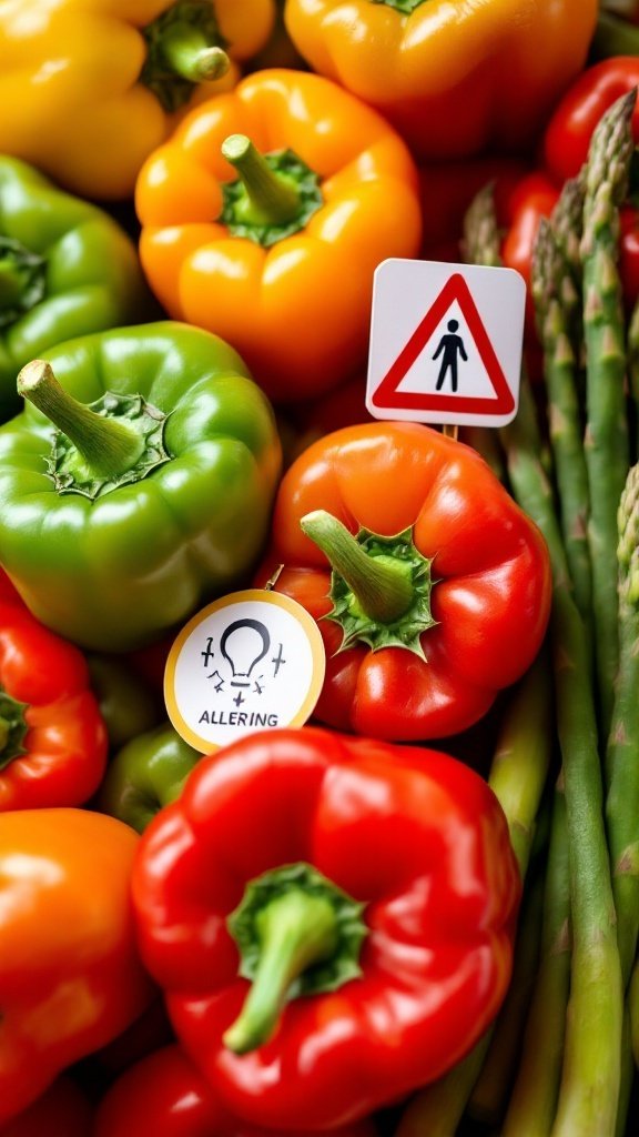 Colorful bell peppers and asparagus with allergy warning signs.