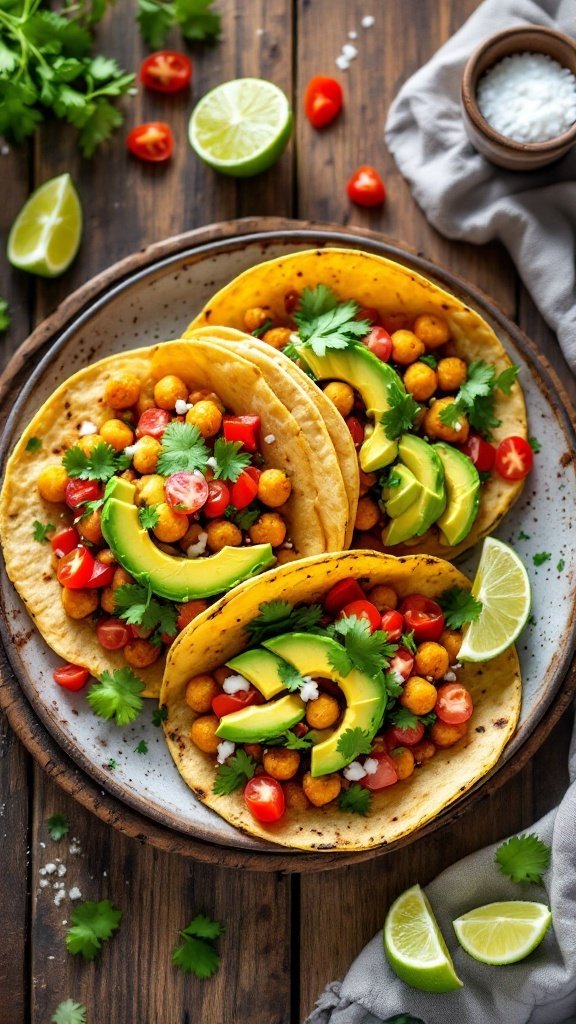 Plate of vegetarian chickpea tacos with toppings on a wooden table