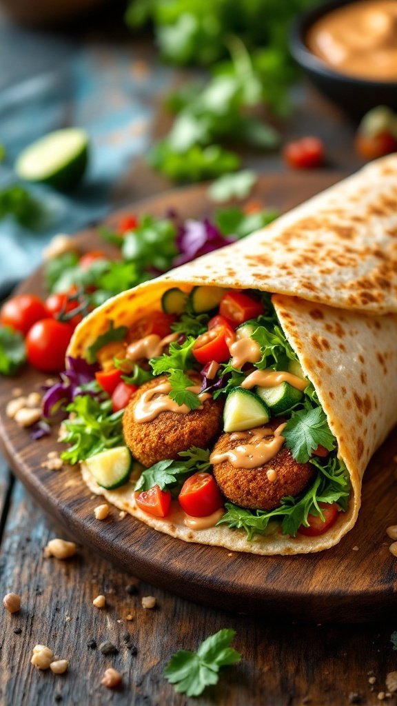 A delicious vegetarian falafel wrap filled with fresh vegetables and drizzled with sauce, served on a wooden board.