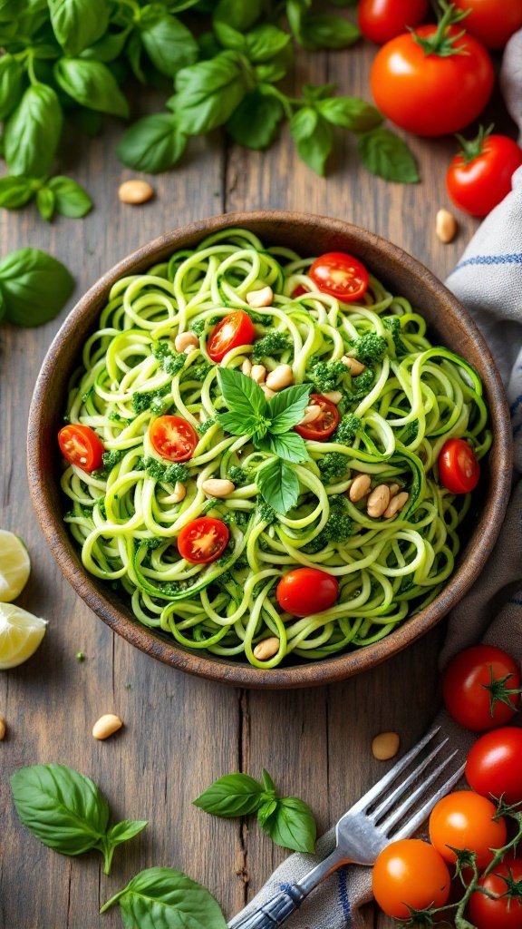 A bowl of zucchini noodles with pesto, topped with cherry tomatoes and garnished with fresh basil.