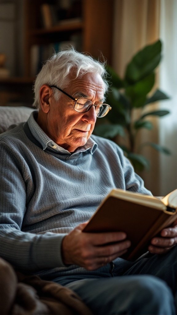 A senior man reading a book in a cozy setting.