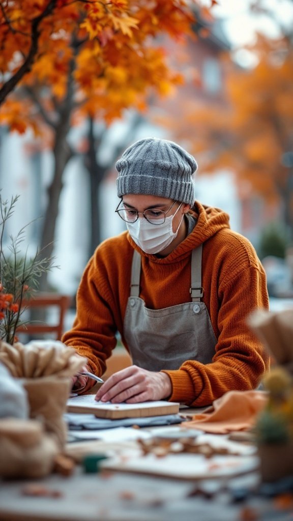 A person in an orange sweater and grey beanie working on a creative project outdoors surrounded by autumn leaves.
