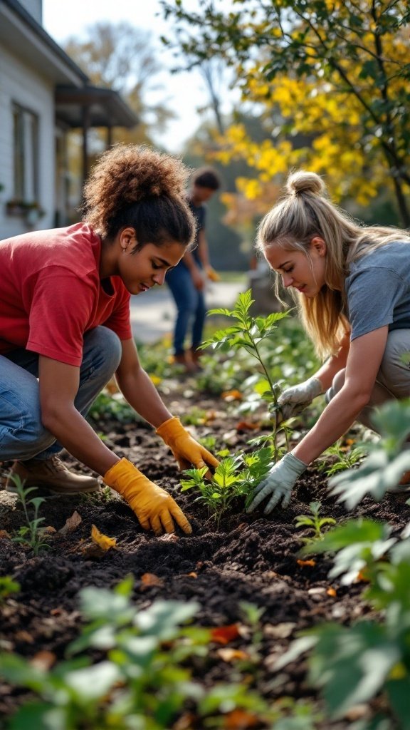 Individuals planting in a garden together, demonstrating the spirit of volunteering