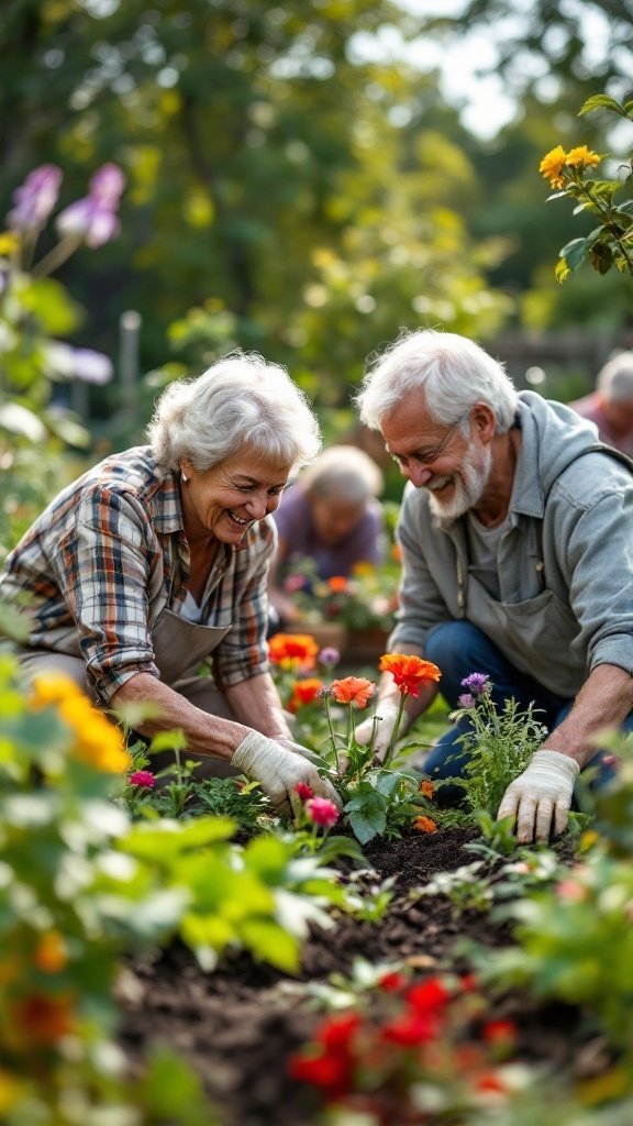 Seniors planting flowers together in a community garden.