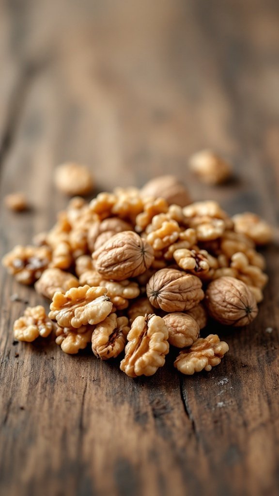 A pile of walnuts on a wooden surface
