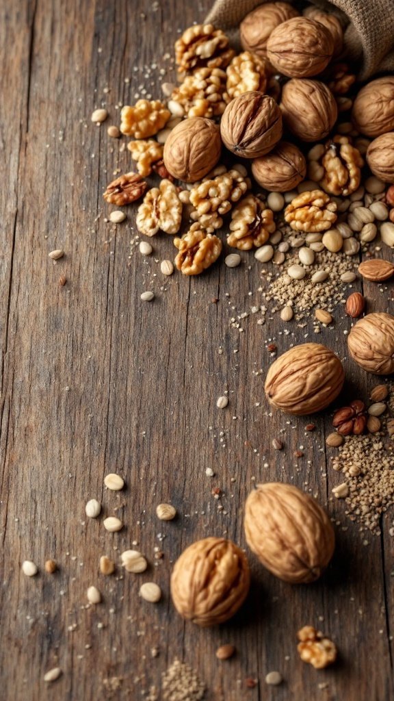 A variety of walnuts on a wooden surface, showcasing both whole and shelled nuts.