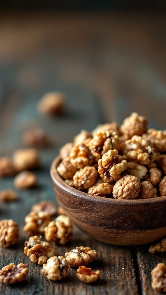 A wooden bowl filled with walnuts on a rustic wooden table.