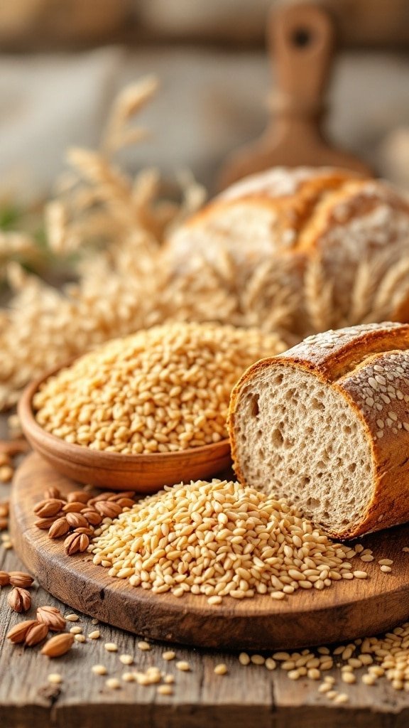 An assortment of whole grains including bread and seeds on a wooden surface.