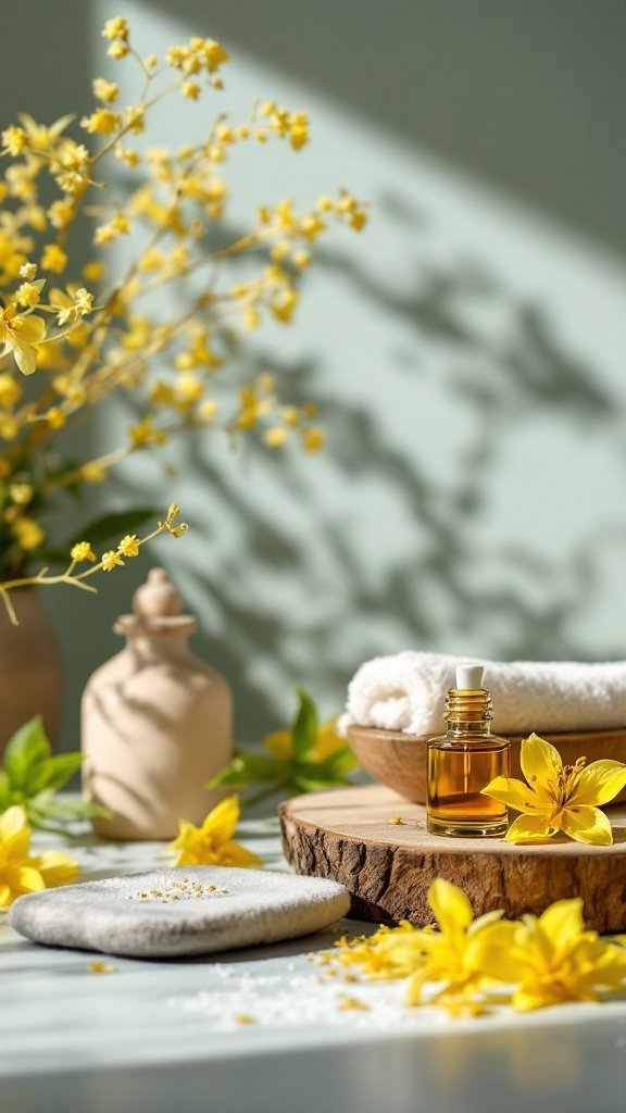 A serene arrangement featuring Ylang Ylang essential oil, yellow flowers, towels, and smooth stones, creating a calming atmosphere.