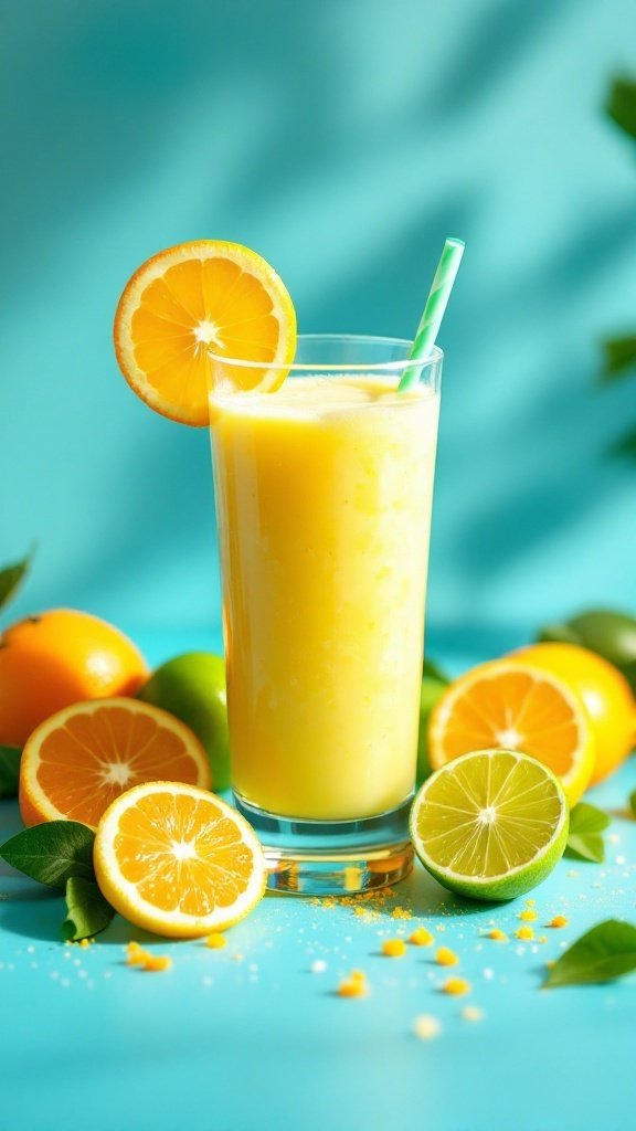 A refreshing citrus smoothie with slices of orange, lemon, and lime, set against a bright turquoise background.