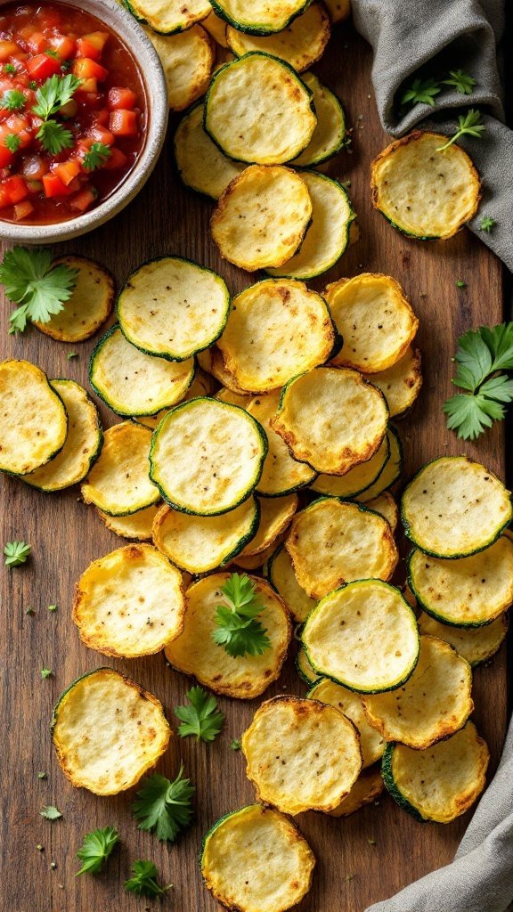 A plate of baked zucchini chips with a bowl of salsa.