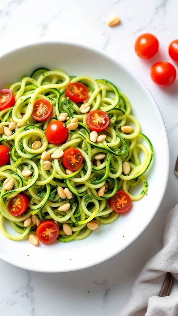 A bowl of zucchini noodles topped with pesto, cherry tomatoes, and pine nuts.