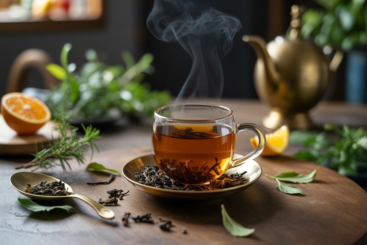 A steaming cup of oolong tea sits elegantly on a plate, surrounded by fresh herbs and an orange slice, with a golden teapot in the background.