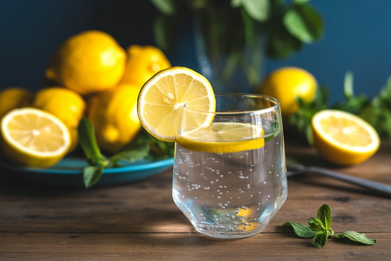 A glass of sparkling water with a lemon slice, surrounded by fresh lemons and mint leaves