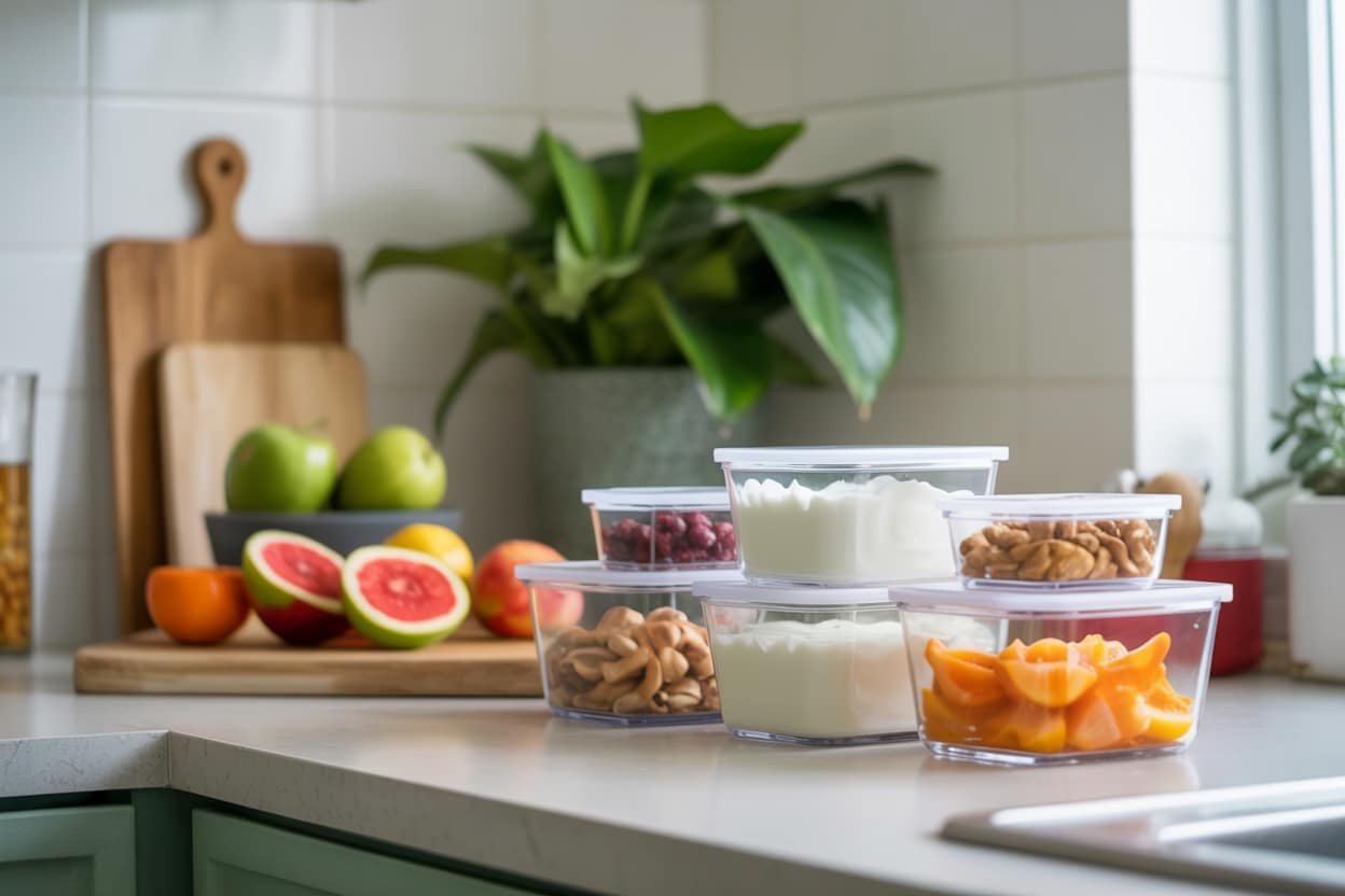 Brightly colored healthy snacks organized in clear containers on a kitchen counter.
