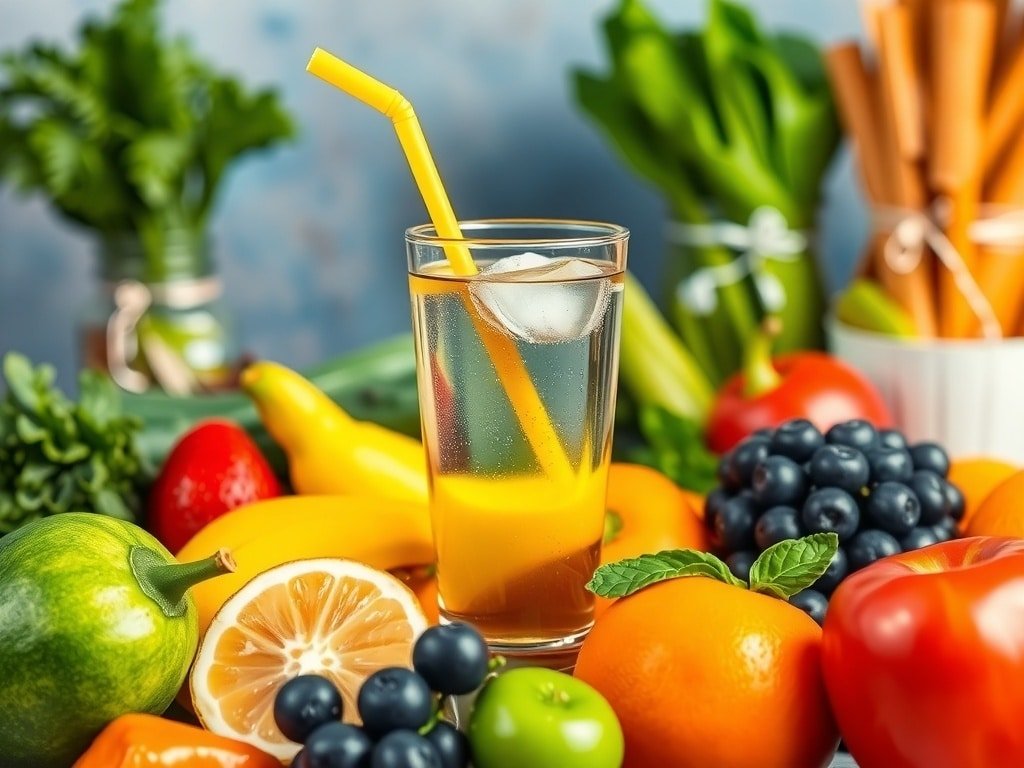 A colorful assortment of fresh fruits and vegetables with a glass of sparkling water and a blue straw.