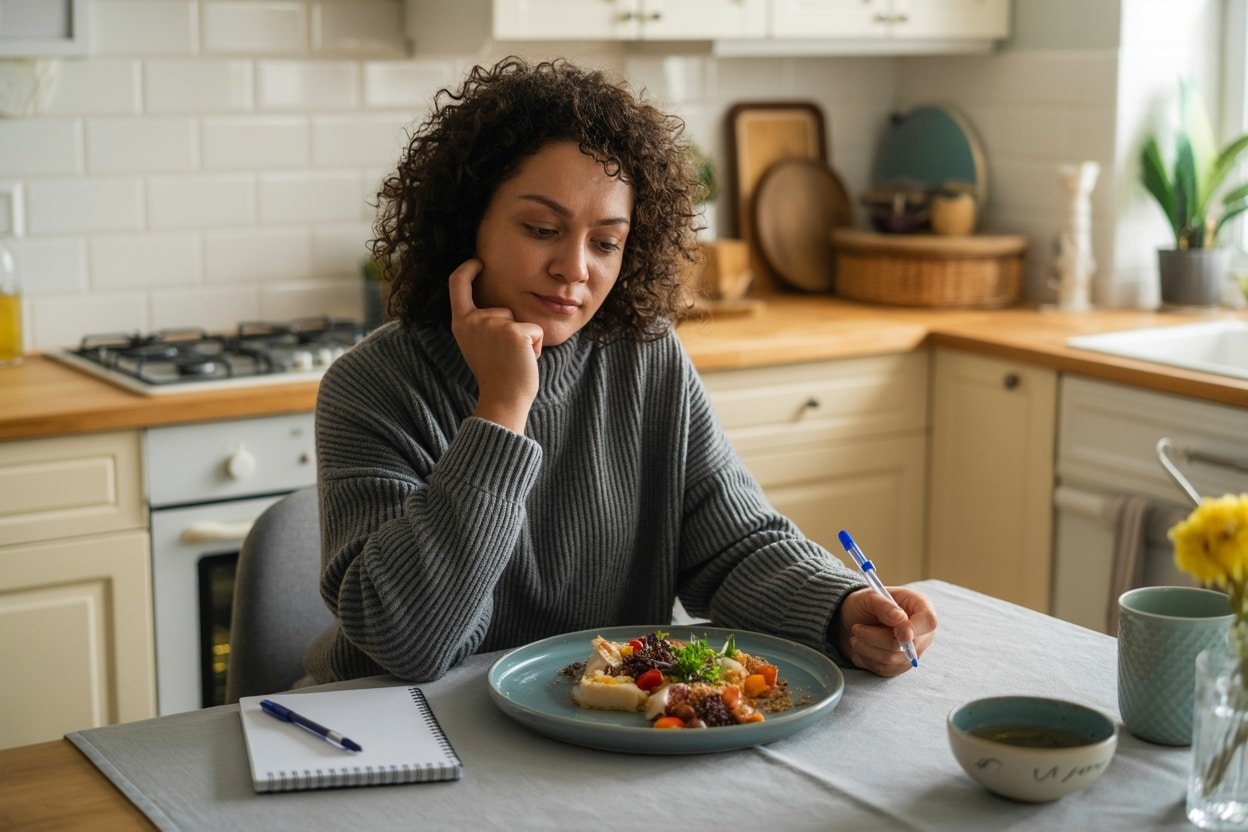 A person reflecting on their meal at a kitchen table with a plate of colorful food and a notebook.