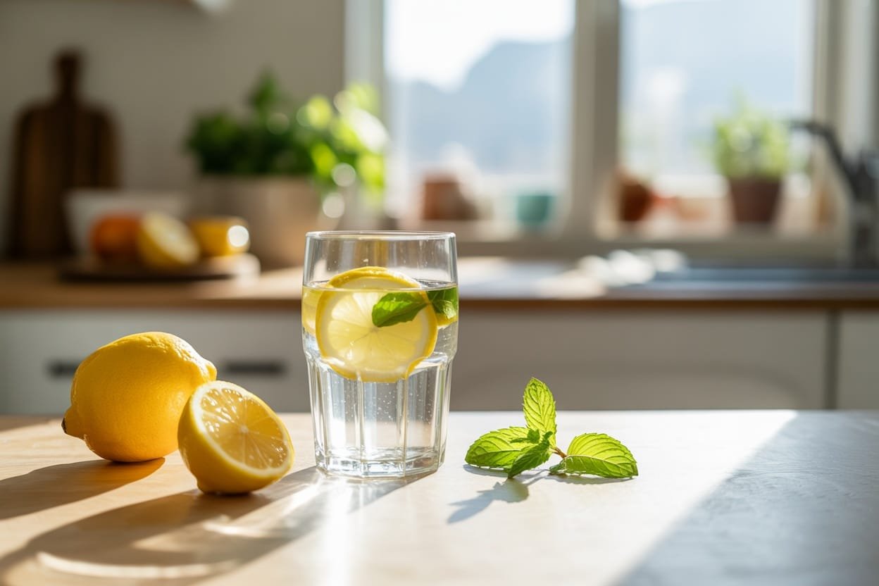 A glass of water with lemon slices and mint leaves on a wooden countertop, symbolizing the importance of hydration in weight loss.