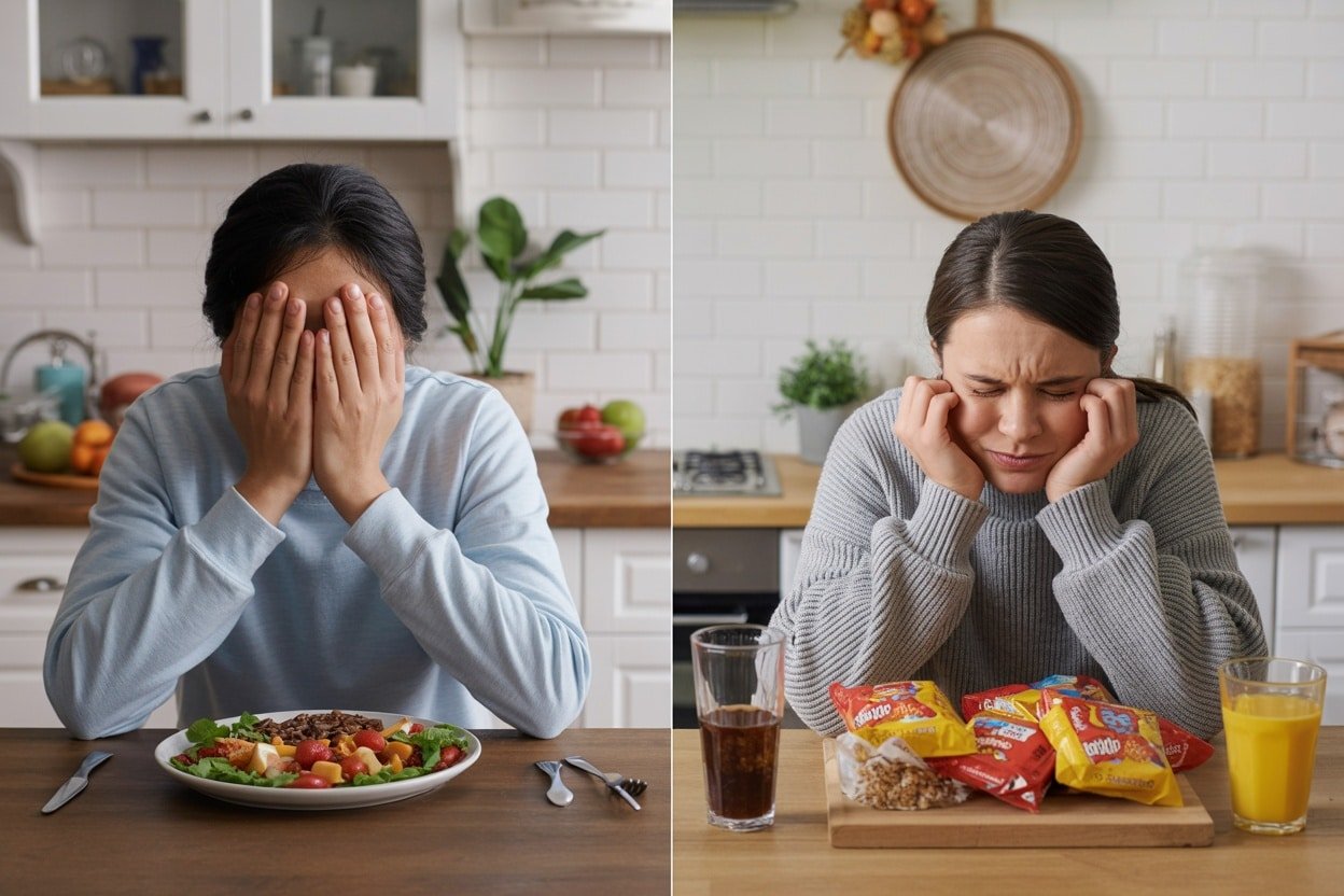 An image depicting the emotional responses towards healthy food versus snacks, illustrating hunger and cravings.