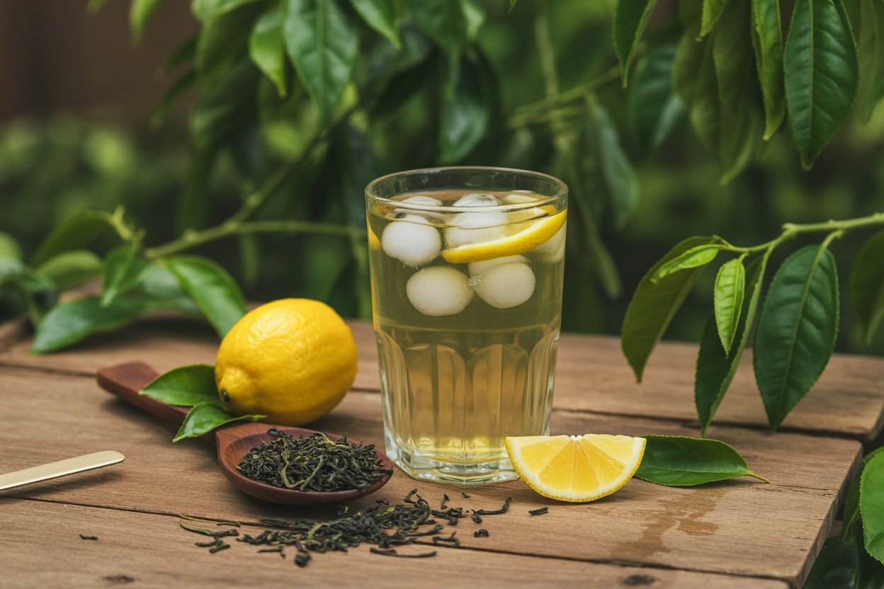 A glass of unsweetened green tea with ice and lemon slices on a wooden table, surrounded by fresh lemon and loose tea leaves.