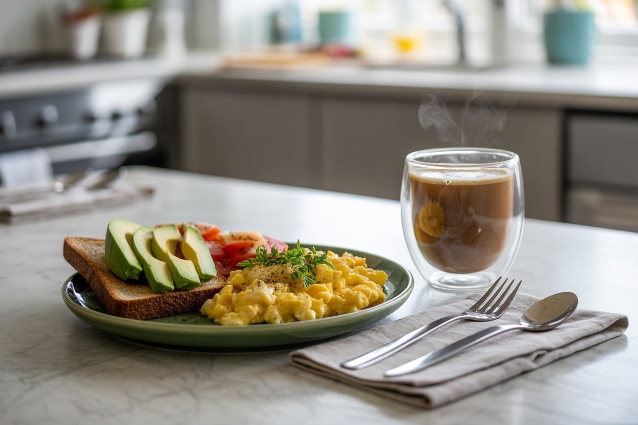 A breakfast plate with scrambled eggs, avocado, sliced tomatoes, whole grain toast, and a cup of coffee.