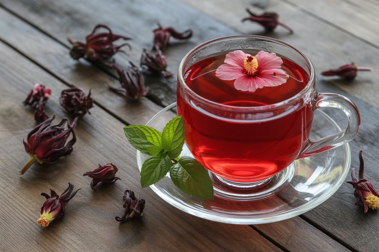 A cup of hibiscus tea garnished with a flower and mint leaves on a wooden surface.