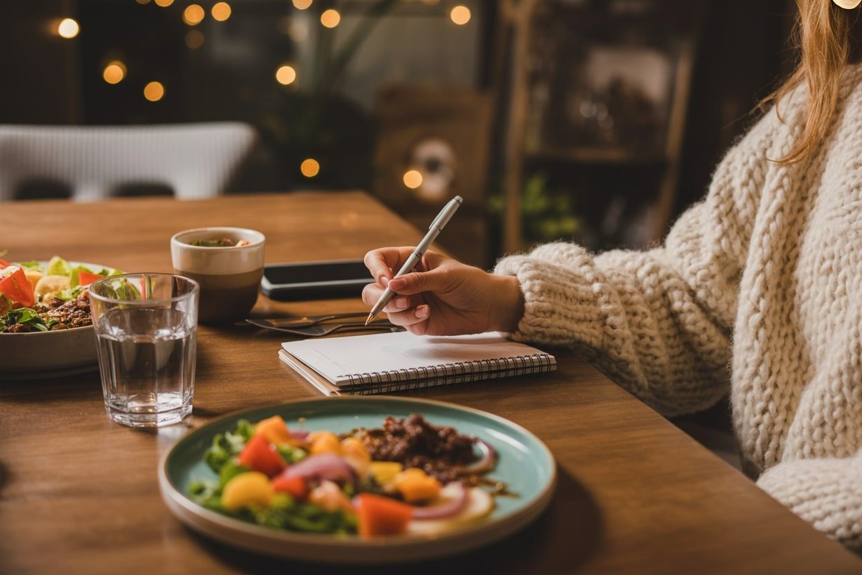 A person writing in a notebook while enjoying a meal, surrounded by a salad and a glass of water.
