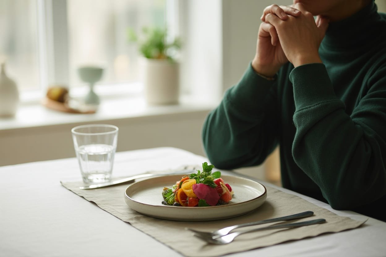 A person pausing with clasped hands before enjoying a vibrant salad meal at a dining table.