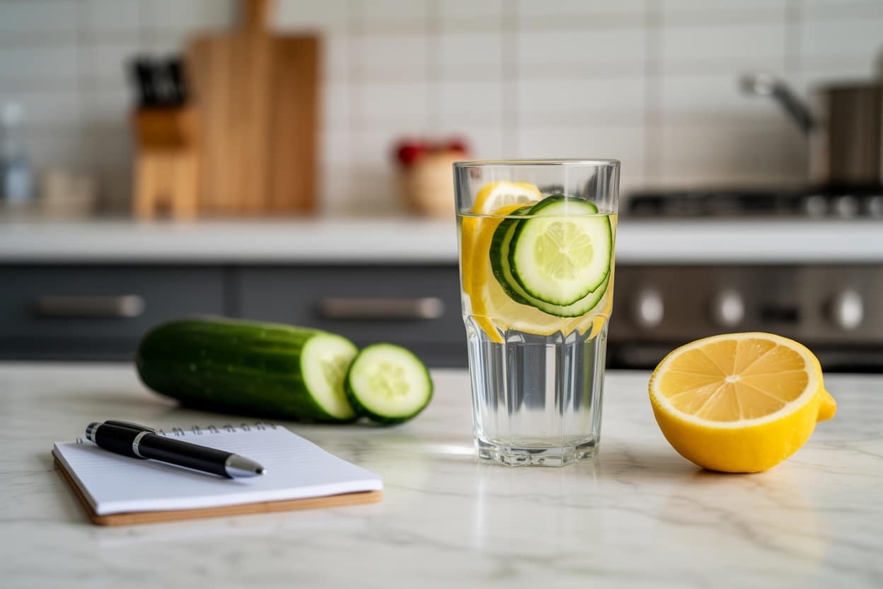 A refreshing glass of lemon and cucumber infused water, with a sliced lemon and cucumber on the side, on a kitchen counter.