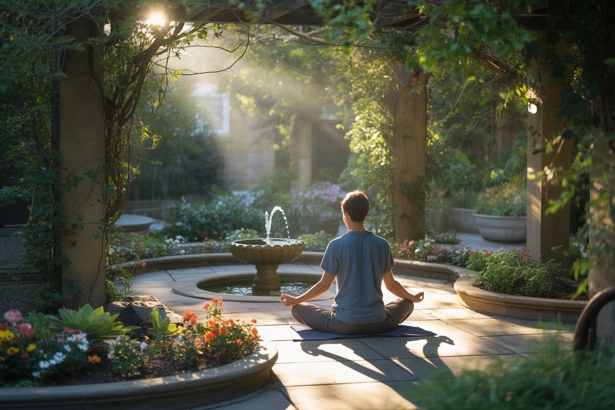 A serene scene of a person meditating in a lush garden, surrounded by flowers and a fountain.