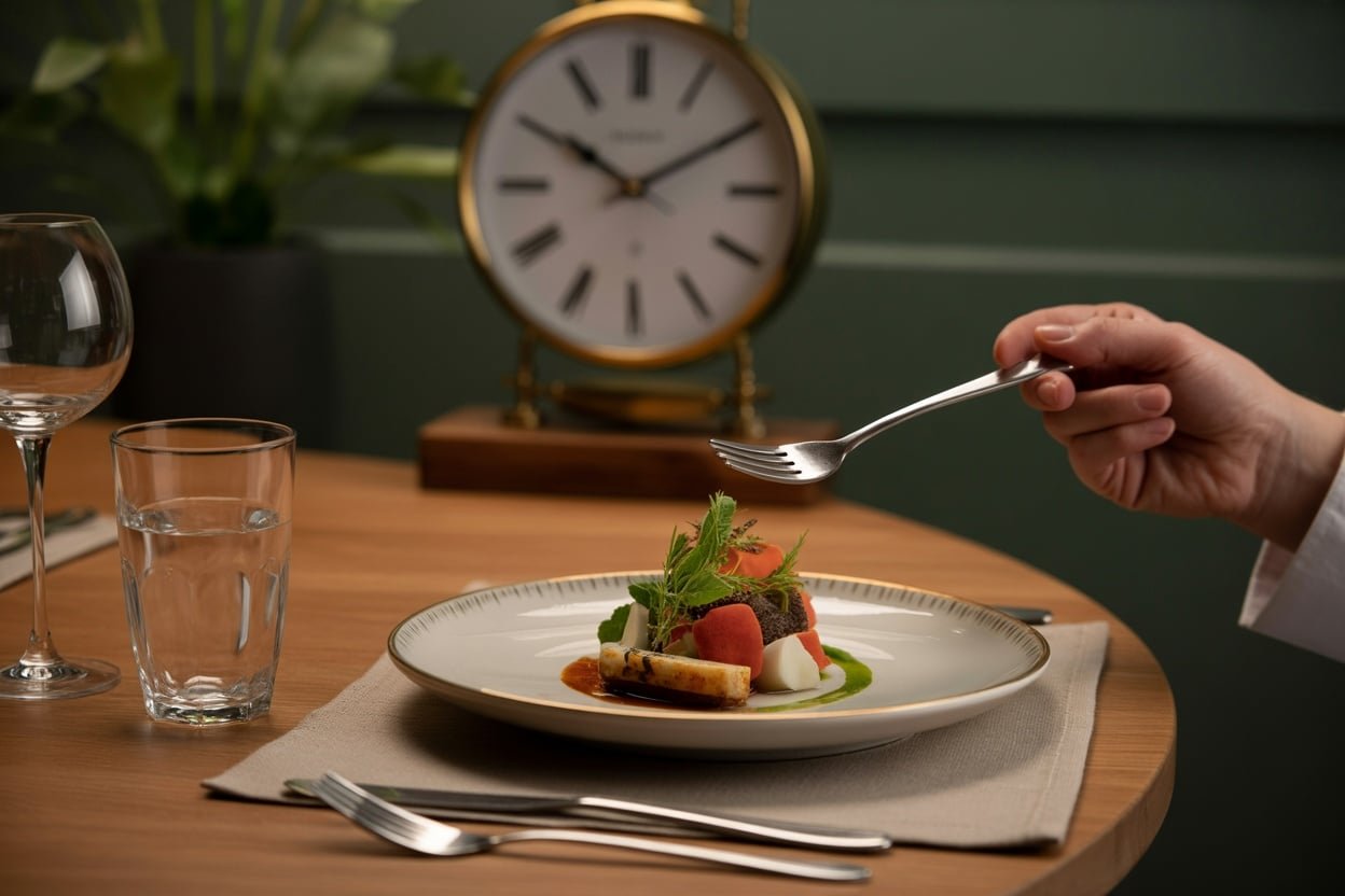 A fork poised over a beautifully plated gourmet dish, set against a tasteful dining atmosphere with a clock and water glasses.