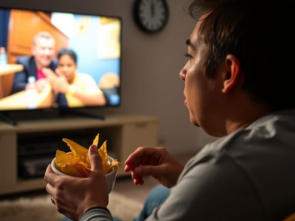 Person snacking on a bowl of chips while sitting next to a scale showing a weight reading.