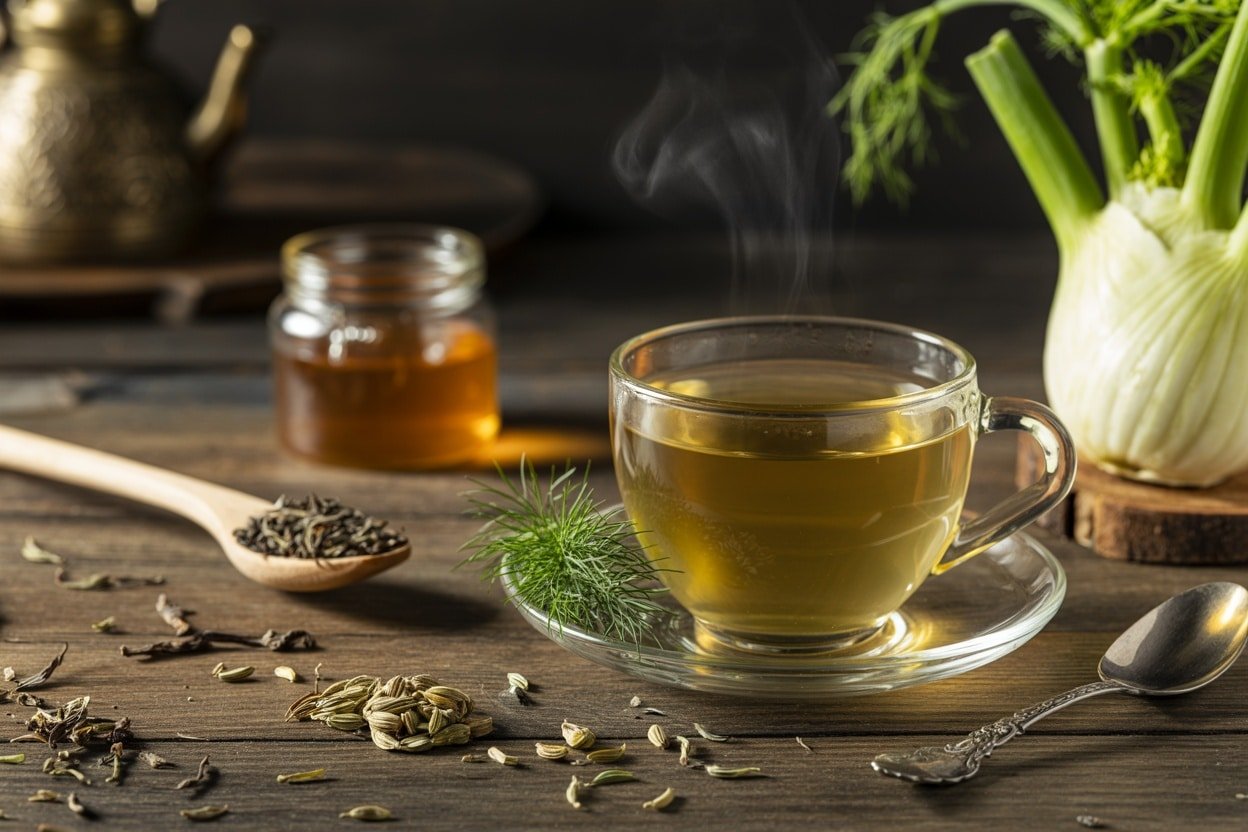 A steaming cup of fennel tea on a wooden table next to fennel seeds, a fresh fennel bulb, and a jar of honey.