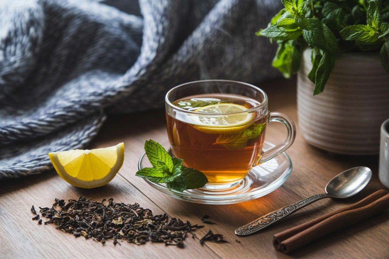 A cup of steaming peppermint tea with lemon slices, surrounded by fresh mint leaves and tea leaves on a wooden table.