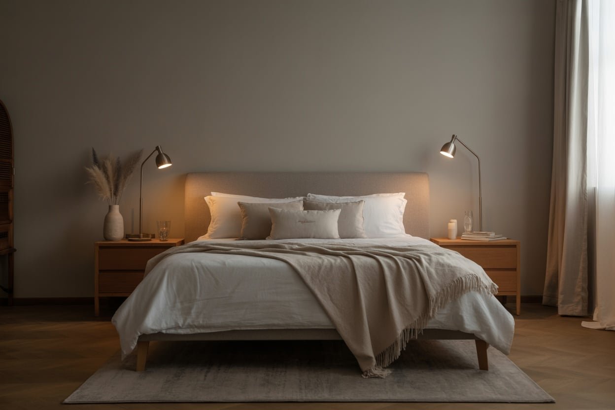 A cozy bedroom with a neatly made bed, soft lighting, and warm decor, perfect for a restful night's sleep.