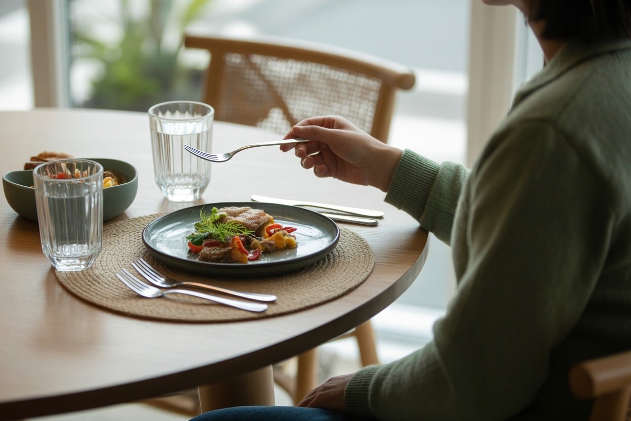 Person eating a meal at a table, focusing on the dish with a fork in hand.