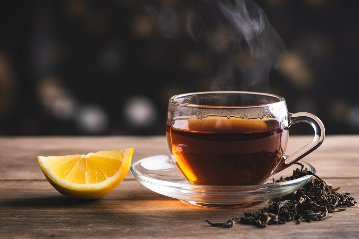 A steaming cup of black tea with a lemon wedge on the side, displayed on a wooden table.