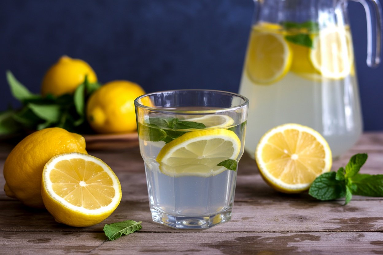 A refreshing glass of lemon water with lemon slices and mint leaves, with a pitcher in the background.