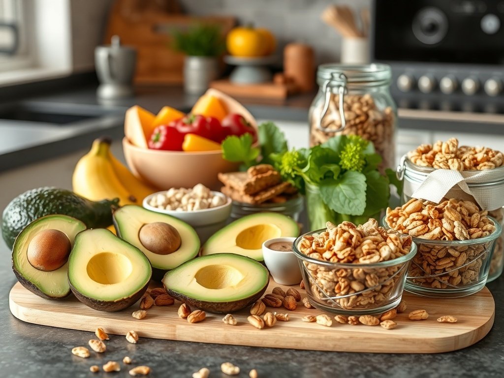 A variety of foods including nuts, avocados, fruits, and granola displayed on a kitchen counter.