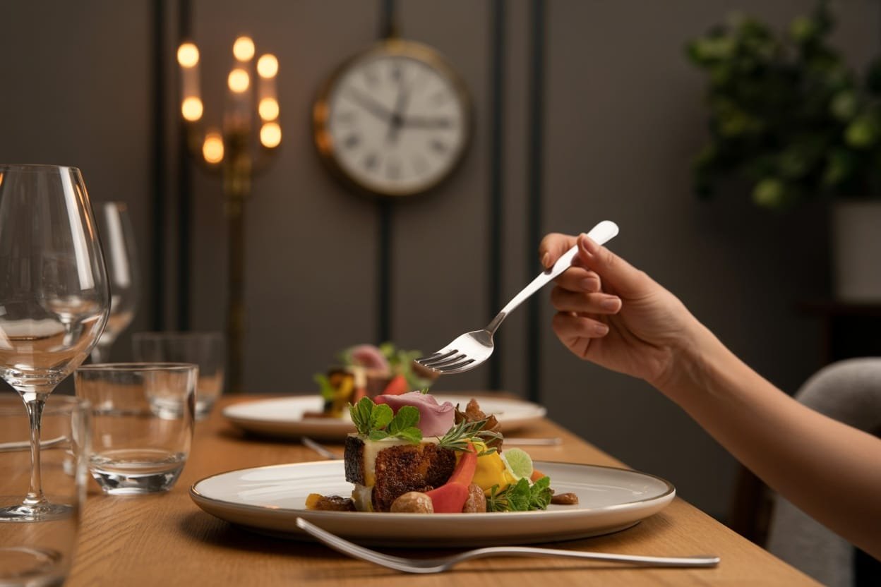 A hand holding a fork poised over a beautifully plated dish, with elegant glassware and a clock in the background, suggesting a mindful dining experience.