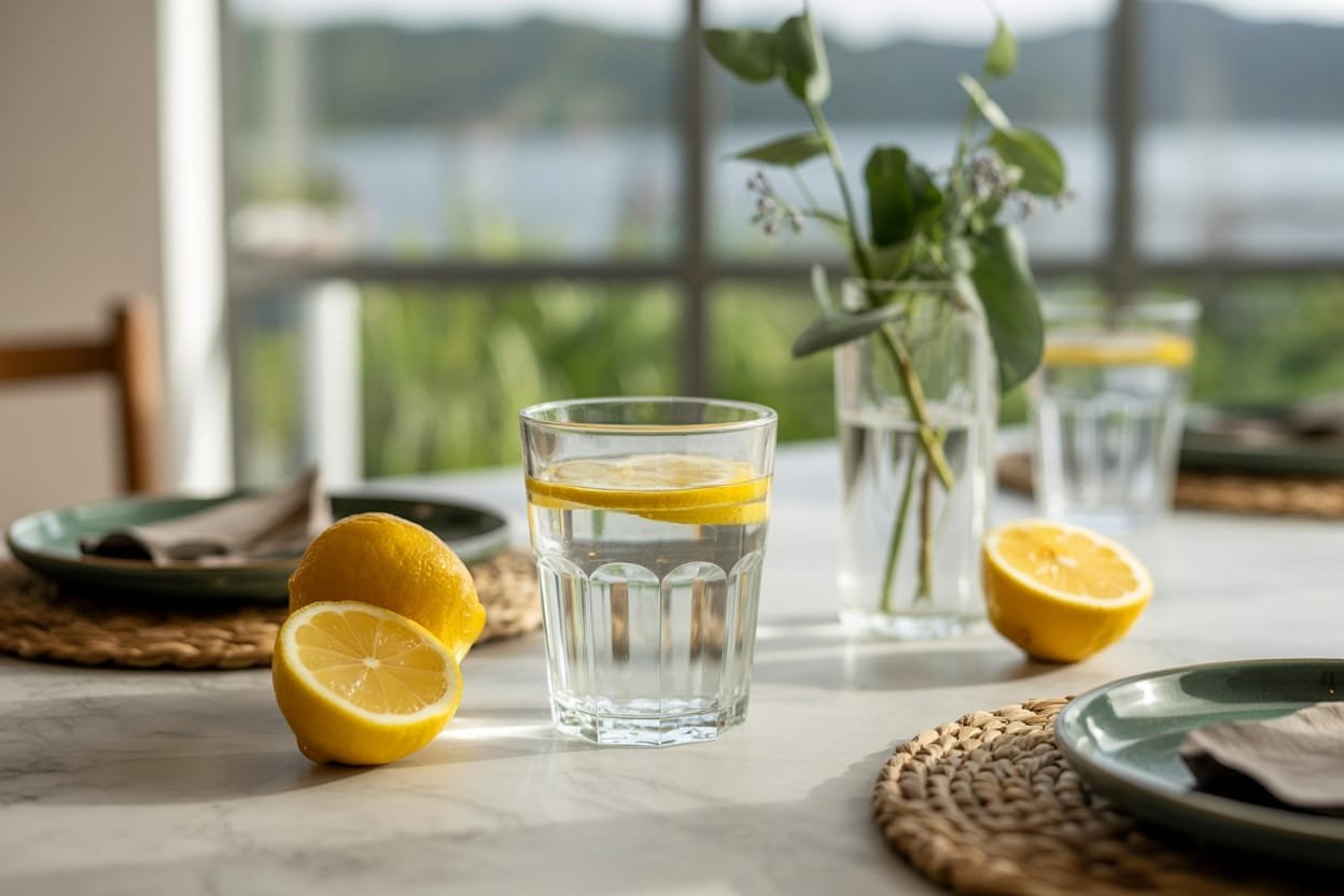 A glass of water with a lemon slice on a table, accompanied by some lemons and a plant in a vase, with a scenic view outside