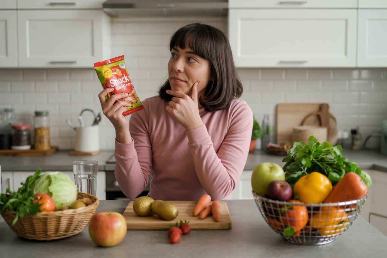 A woman holding a snack bag while thinking, surrounded by fruits and vegetables on a kitchen counter.