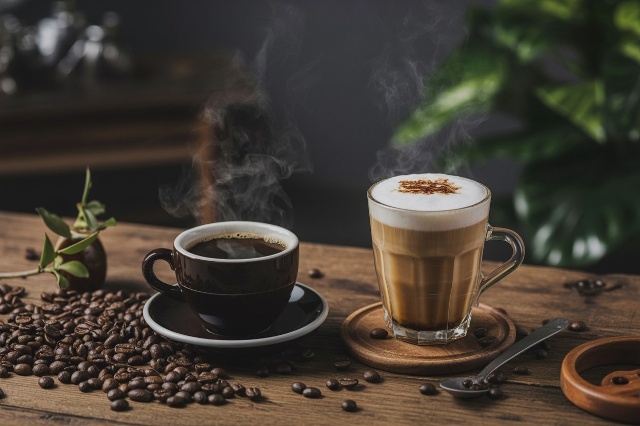A steaming cup of black coffee next to a creamy latte on a wooden table with coffee beans scattered around.