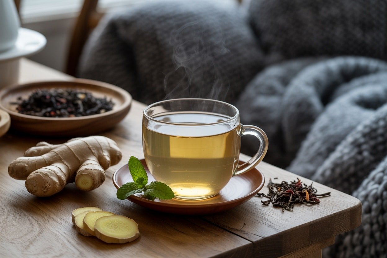 A steaming cup of ginger tea alongside fresh ginger root and spices.
