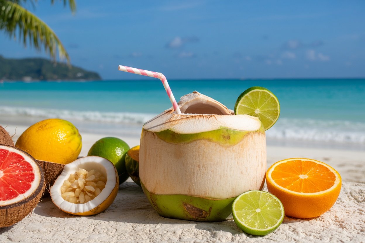 A fresh coconut with a straw on a beach, surrounded by citrus fruits and a beautiful ocean backdrop.