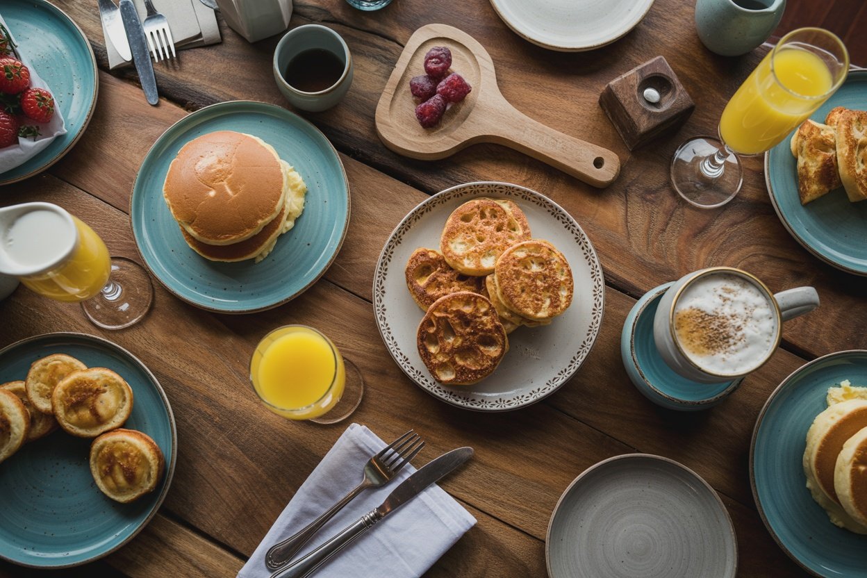 A brunch table filled with pancakes, pastries, fruit, orange juice, and coffee.