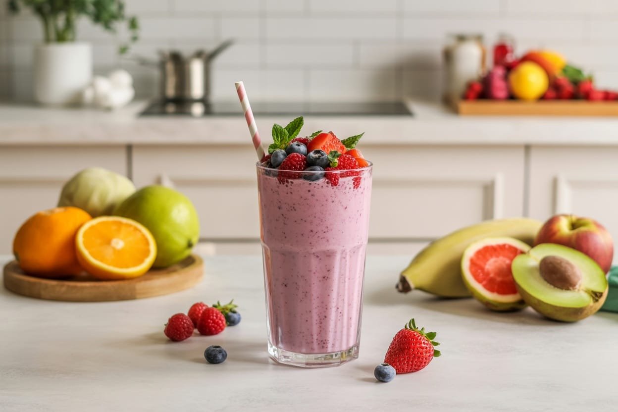 A colorful Greek yogurt smoothie topped with berries and mint, surrounded by fresh fruits.