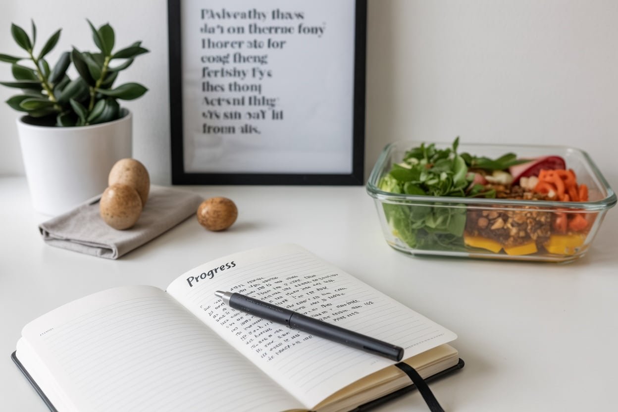 A notebook open to the page labeled 'Progress', with a pen, fresh salad in a glass container, a potted plant, and decorative stones.