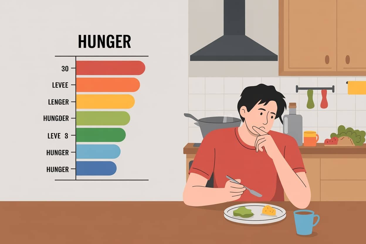 A man sitting at a table looking thoughtful, with a hunger scale illustration beside him.