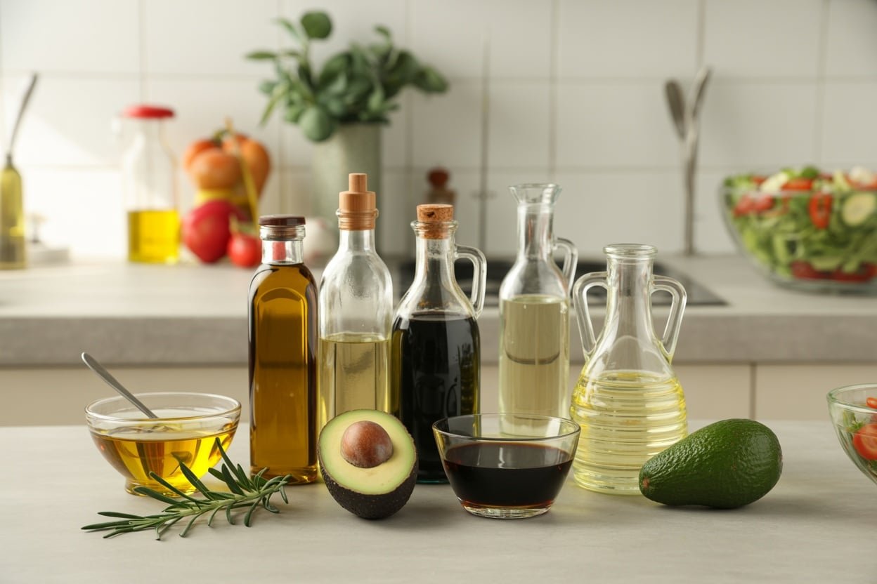 A variety of cooking oils and dressings arranged on a kitchen counter, including olive oil, vinegar, and avocado.